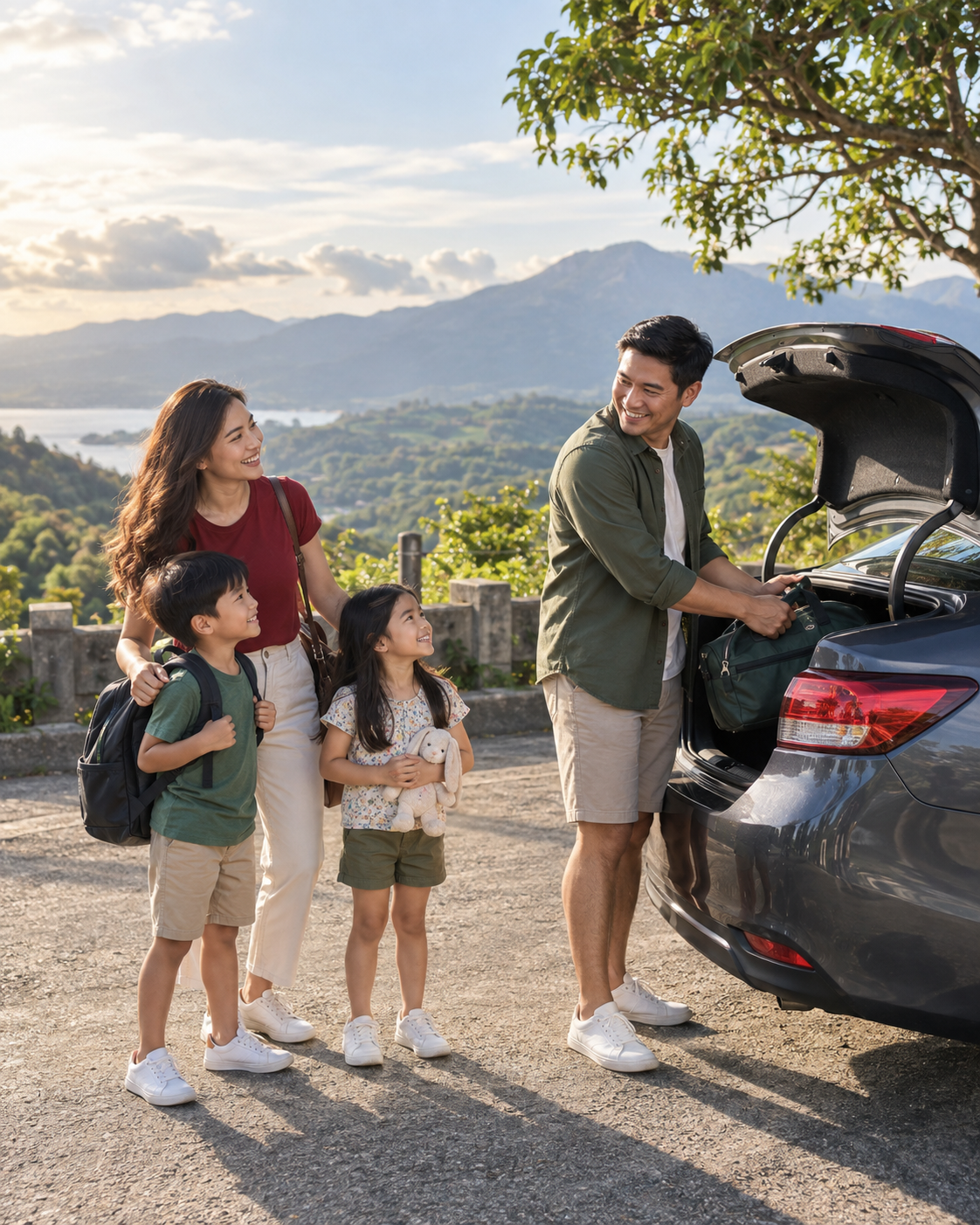 A family loading their luggage into a JDP Car Rental sedan for a road trip
